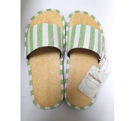 Dép mặt xơ mướp, quai ngang bằng vải sọc trắng-xanh lá 