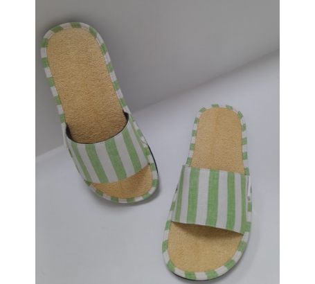 Dép mặt xơ mướp, quai ngang bằng vải sọc trắng-xanh lá 